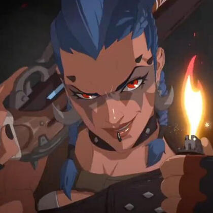 an image of the junker queen, her expression seems smug and shes smirking as she stares at the camera, her gun propped against her shoulder and a lit lighter in front of her and to the side