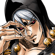 an imagine of risotto nero, his expression appears stern and his hand is resting on his face