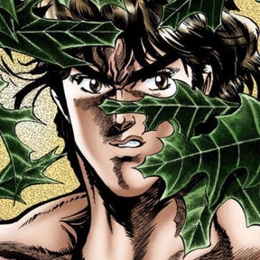 an image of jonathan joestar, his expression seems determined and he's shirtless with holly leaves surrounding him