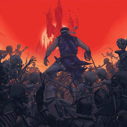 an image of richter belmont. the sky is red and castlevania looms in the distance, with the moon behind it. theres an army of skeletons behind richter, who's back is turned as he faces castevania
