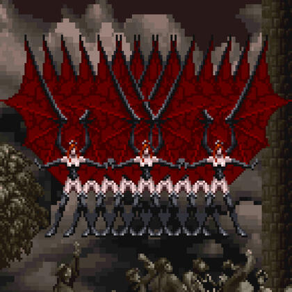 a sprite edit of the succubus from symphony of the night, she is multiplying from a single point, with many clones on each side of her